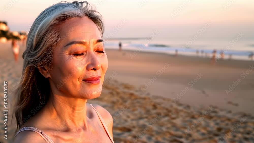 asian senior woman standing on the beach relaxing with the breeze in beautiful sunset soft light