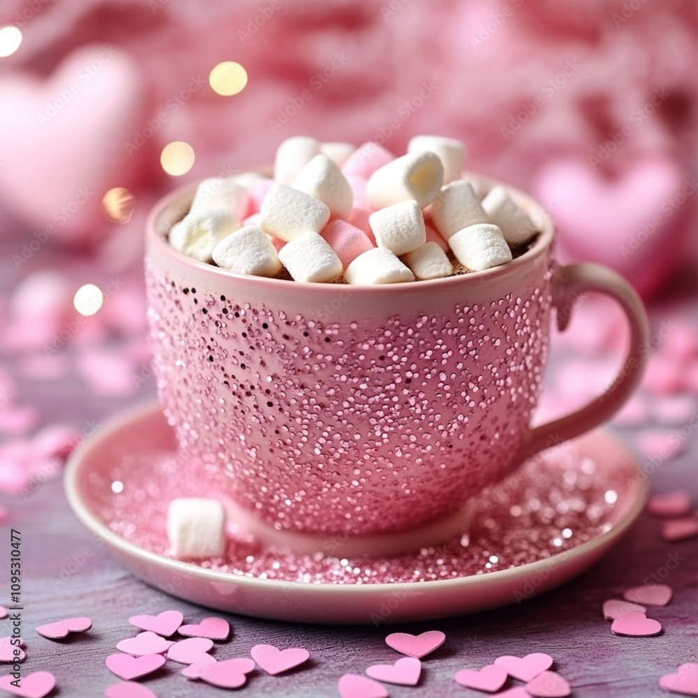 A pink cup of cocoa with marshmallow valentine's day picture A pink cup of cocoa with marshmallow valentine's day picture