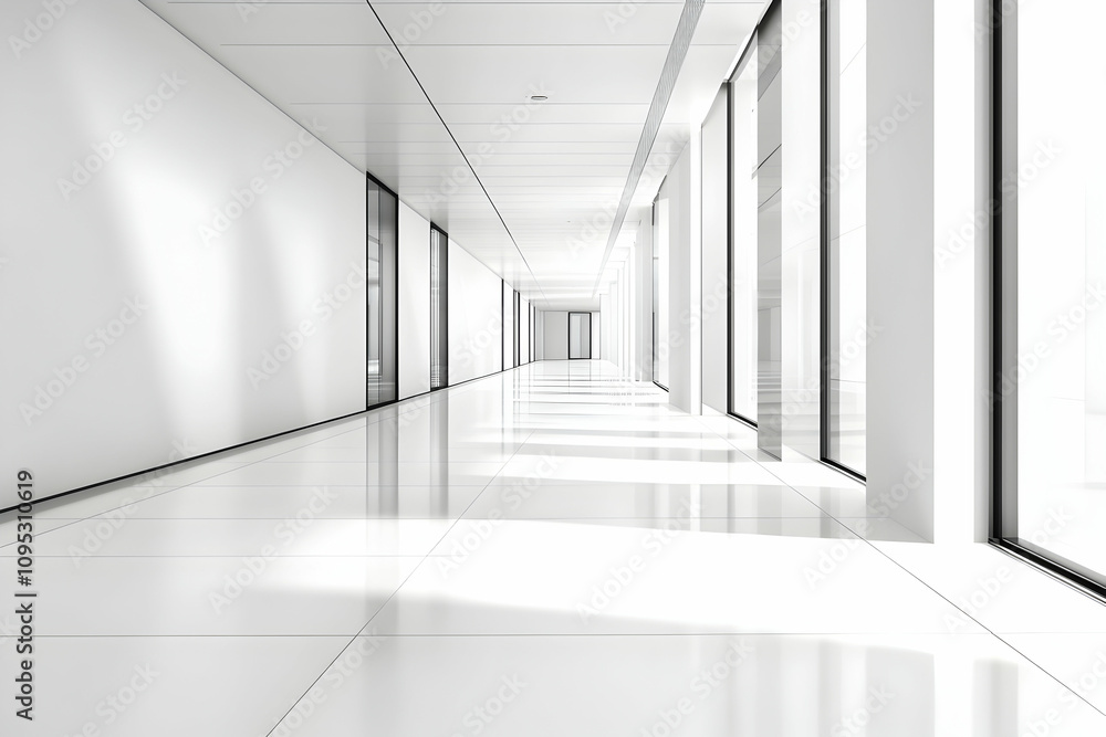 Long modern office corridor with sleek design and defocused background for presentation themes. 4k image Long modern office corridor with sleek design and defocused background for presentation themes. 4k image