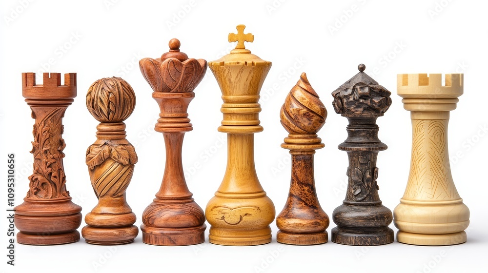 Elegant Wooden Chess Pieces Collection - Exquisite handcrafted wooden chess pieces, showcasing intricate carvings, strategic gameplay, timeless elegance, and artistry.