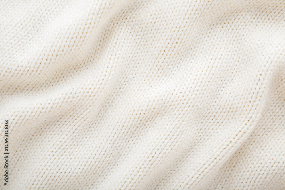 Fototapeta premium Light white wavy soft knitted fabric background. Empty place for text. Closeup. Top down view.