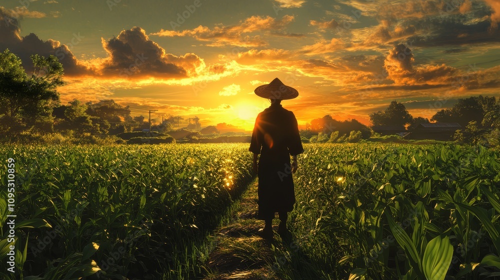 Farmer at Sunset in Lush Green Field - Silhouette of a farmer in a straw hat standing in a vibrant green field at sunset, symbolizing agriculture, harvest, nature, peace, and hard work. Farmer at Sunset in Lush Green Field - Silhouette of a farmer in a straw hat standing in a vibrant green field at sunset, symbolizing agriculture, harvest, nature, peace, and hard work.