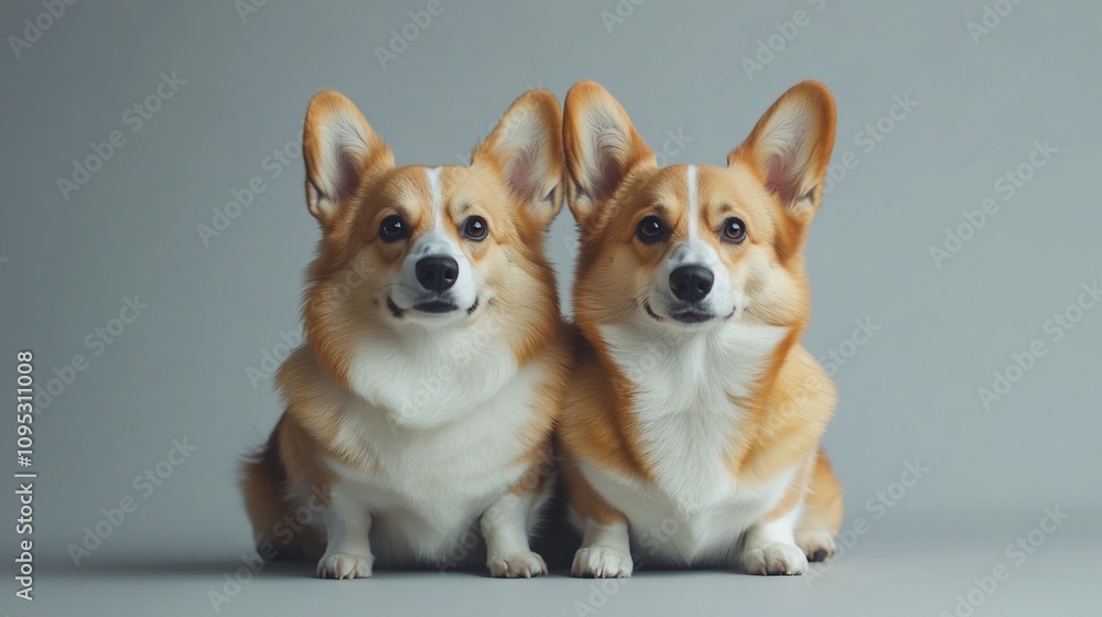 Two adorable corgis sitting together against a gray background. Two adorable corgis sitting together against a gray background.