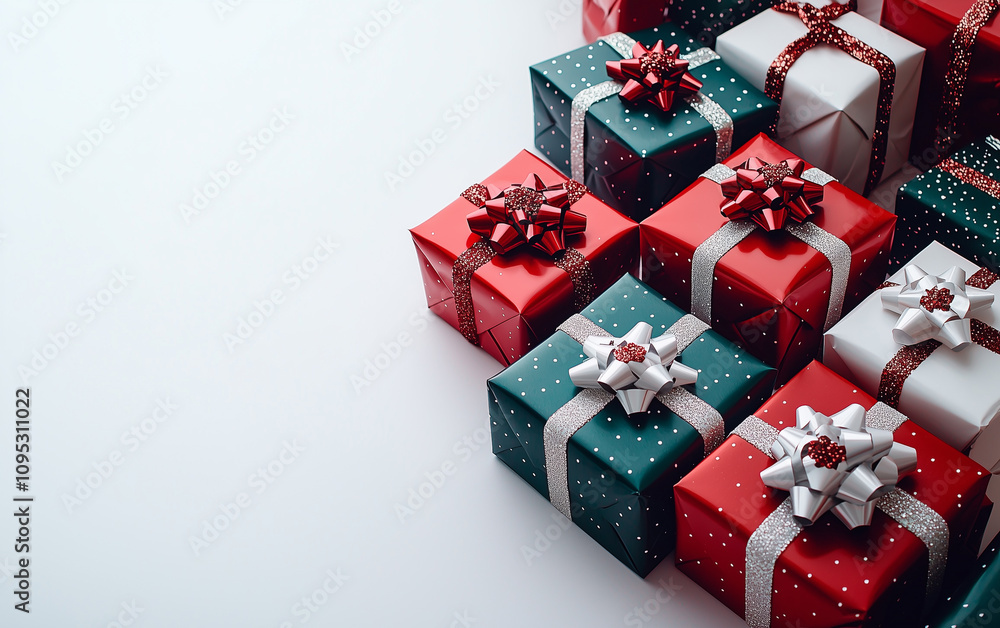 A vibrant arrangement of red, green, and white Christmas gifts with bows on a white background captured from a high angle A vibrant arrangement of red, green, and white Christmas gifts with bows on a white background captured from a high angle