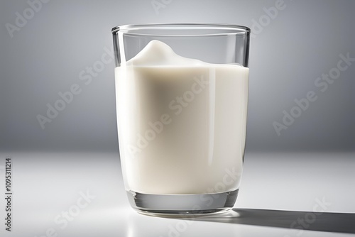 Close-up of a glass of fresh, creamy milk with a smooth texture, placed on a plain white background to highlight the simplicity and purity of the milk.