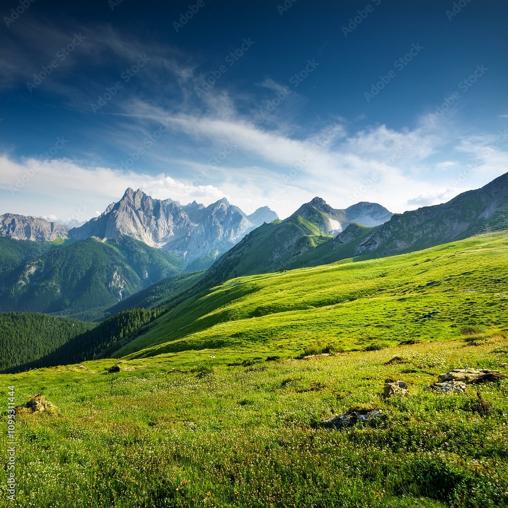 Fototapeta premium Green Field Beautiful Mount Sky and River Background AI Image