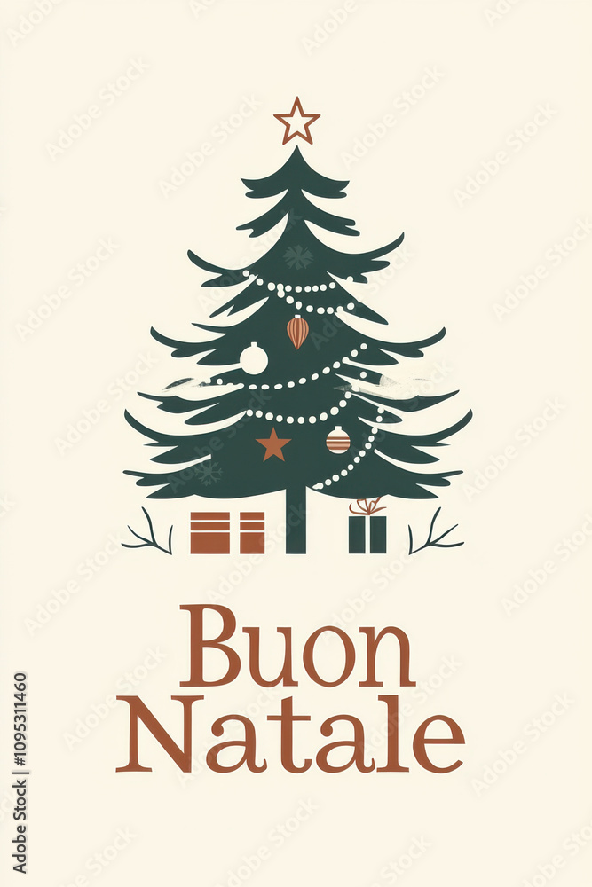 Modern Christmas card design with stylized ornaments, christmas tree and Buon Natale text Modern Christmas card design with stylized ornaments, christmas tree and Buon Natale text