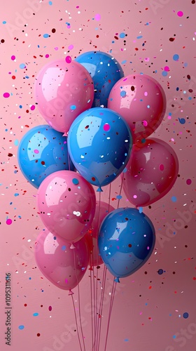 Pink and blue festive birthday party background with balloons, confetti. Party or birthday celebration copy space. Concept of happiness, joy, birthday. Wide Angle Holiday, Banner With Copy Space