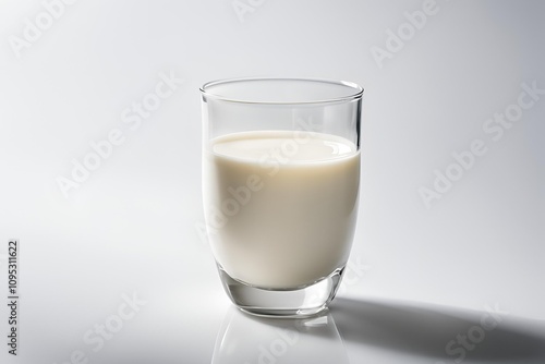 Close-up of a glass of fresh, creamy milk with a smooth texture, placed on a plain white background to highlight the simplicity and purity of the milk.