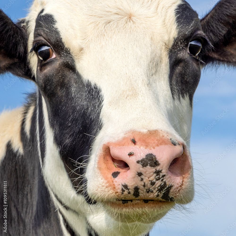Young cow authentic close up, cute gentle looking eye contact, pink nose, in front of a blue sky