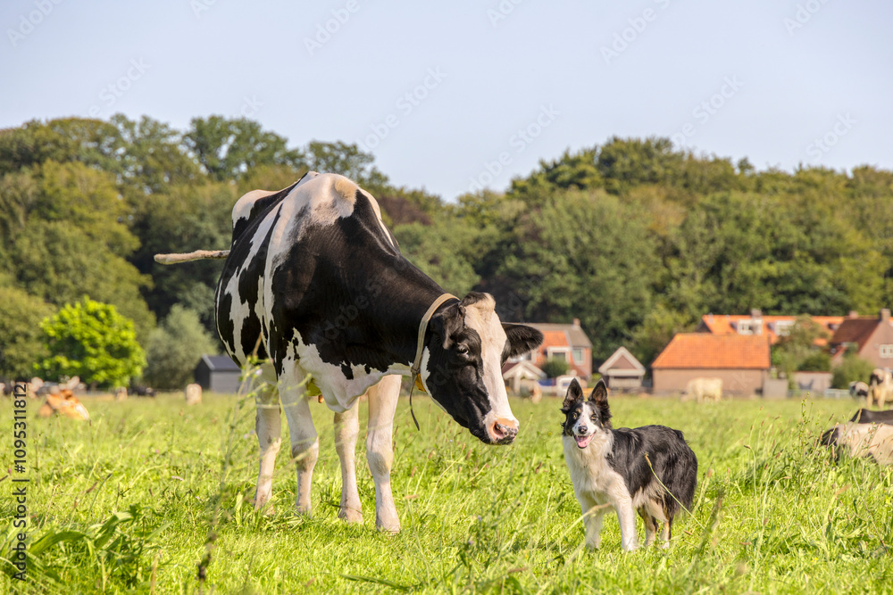 Cow and border collie, dog and dairy cattle in a field together, best friends forever