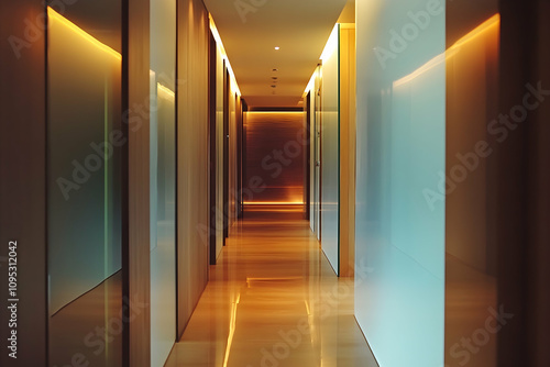 Modern corridor with glass doors and access to workspaces, featuring stylish lighting