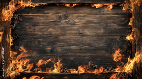 A dramatic wooden background framed by vibrant flames, evoking warmth and intensity. photo