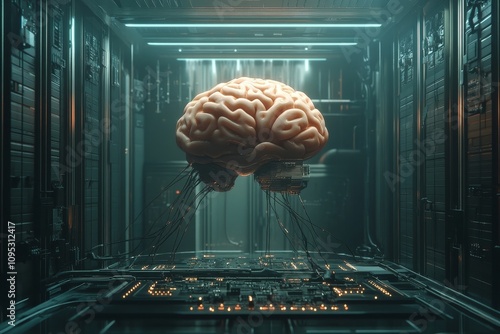 Futuristic Brain: A Technological Marvel - A futuristic depiction of a brain connected to advanced technology, symbolizing AI, neural networks, consciousness, data processing, and the future of intell photo