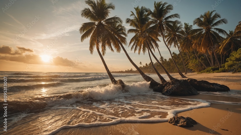 Fototapeta premium Palm Trees at Sunset on a Tropical Beach