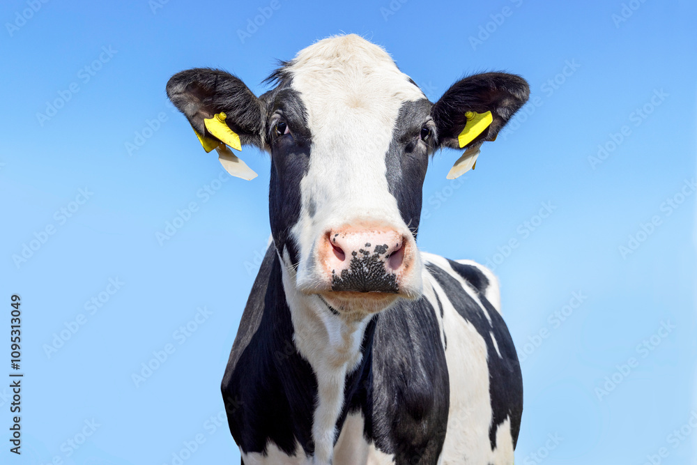 Milker cow head looking eye contact, cute cow black and white, anti fly livestock tags, blue sky