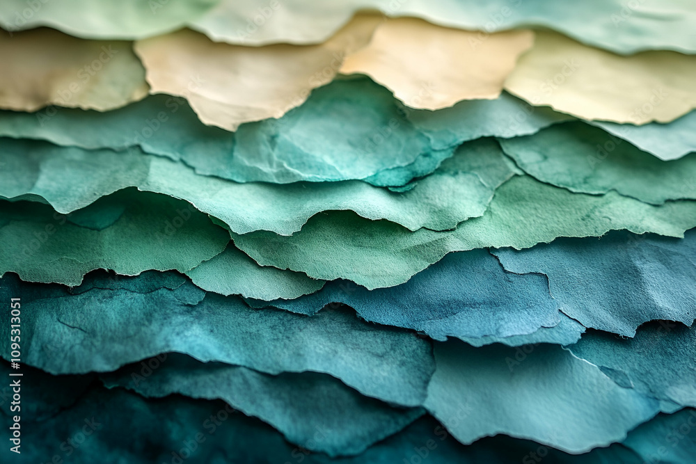 The image is a collage of different colored paper, with a blue and green wave pattern. The paper is cut into various shapes and sizes, creating a textured and layered effect The image is a collage of different colored paper, with a blue and green wave pattern. The paper is cut into various shapes and sizes, creating a textured and layered effect