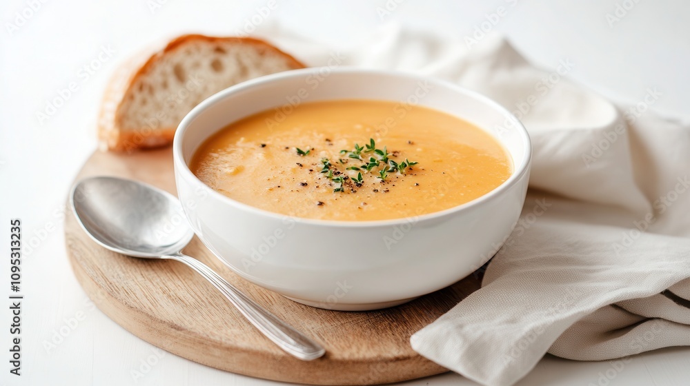 Soup bowl on wooden board with spoon and bread, showcasing a simple and delicious meal Soup bowl on wooden board with spoon and bread, showcasing a simple and delicious meal