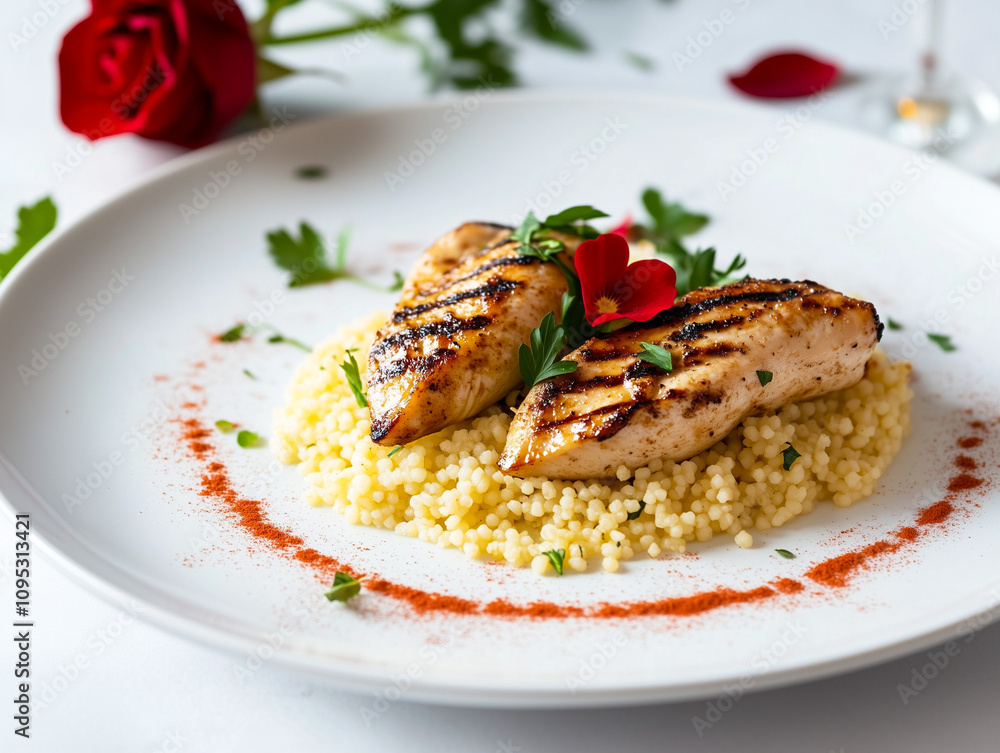 Valentine’s Day Gourmet Dinner: Grilled Chicken over Couscous with Elegant Garnish and Romantic Setting Valentine’s Day Gourmet Dinner: Grilled Chicken over Couscous with Elegant Garnish and Romantic Setting