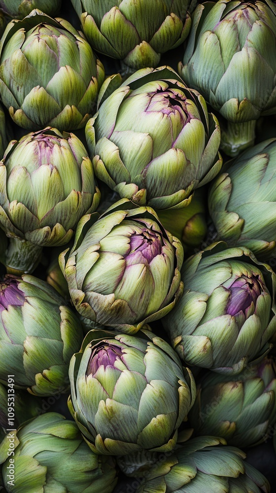 Fototapeta premium Fresh artichokes stacked in an elegant arch, showcasing their vibrant green petals and purple accents for a natural display, green food background