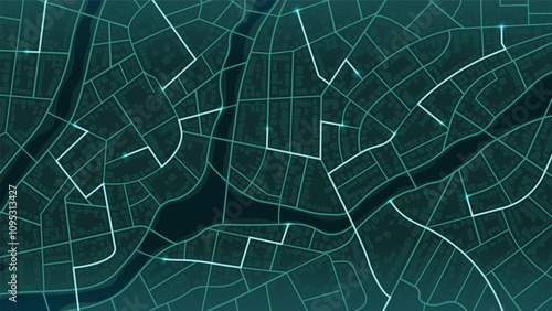 Abstract navigation plan of the urban area depicted as a simple scheme with buildings. Concept of planning and mapping a travel route using a general city map. Flat vector illustration