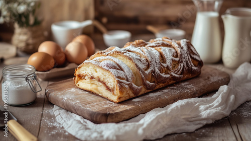 Traditional Romanian Cozonac Bread with Sweet Walnut Filling, Sprinkled with Powdered Sugar on Rustic Wooden Table, Authentic Easter Dessert Recipe photo