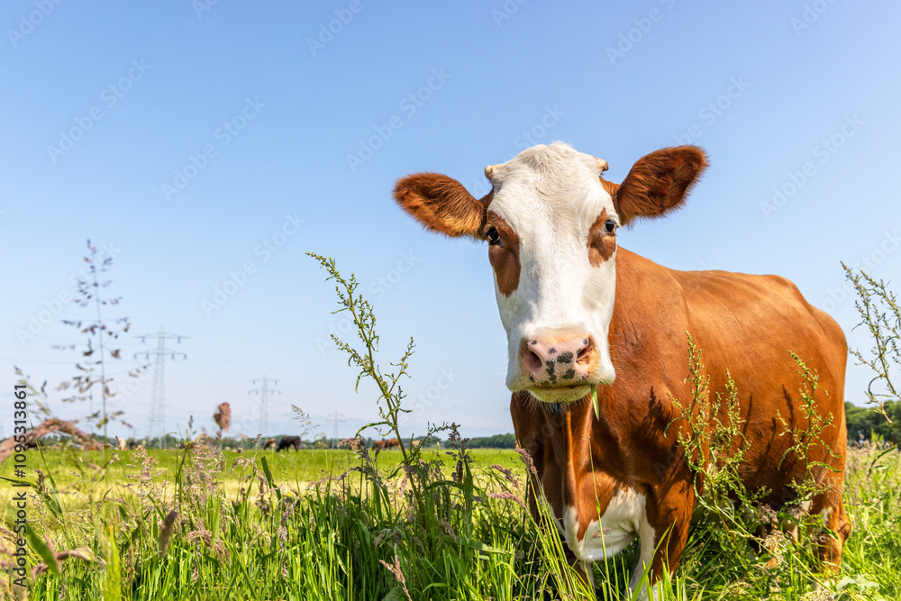 Happy cow, cute and nosey red and white cow, in the field lush foliage