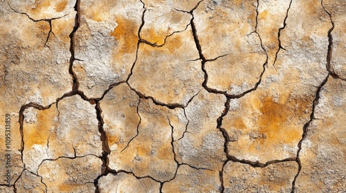 Detailed view of dry, cracked earth with orange hues, showcasing the effects of drought and climate change.