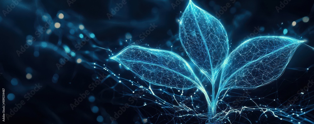 Obraz premium Abstract digital plant illustration with glowing network representing technology and nature integration
