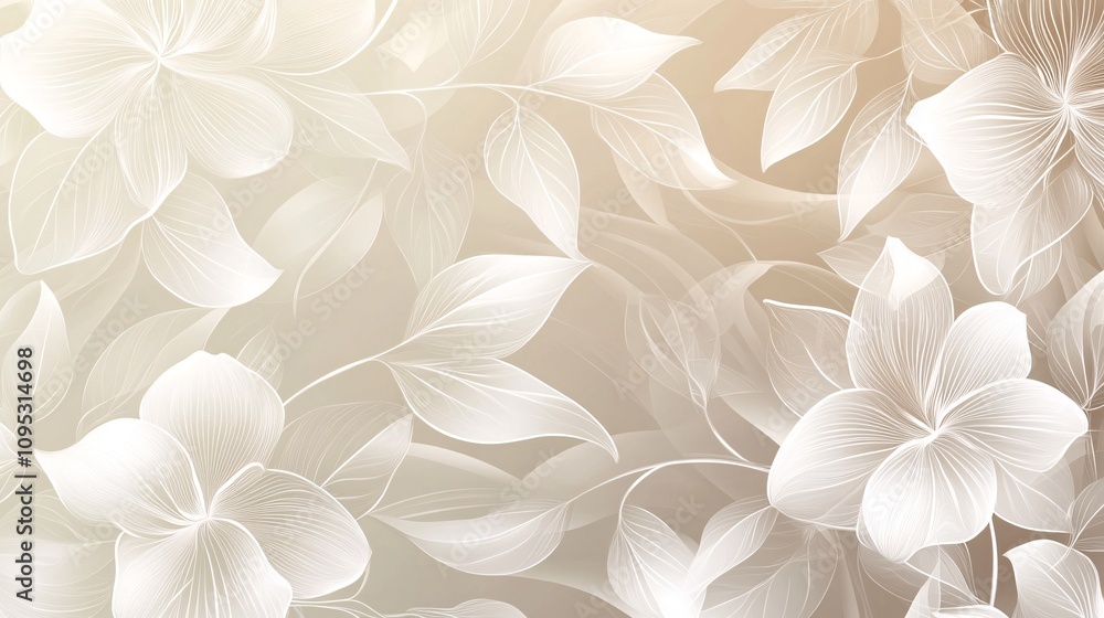 Tranquil White Floral Minimalistic Wallpaper on Beige Gradient | High-Resolution Seamless Pattern of Delicate Flowers and Leaves Tranquil White Floral Minimalistic Wallpaper on Beige Gradient | High-Resolution Seamless Pattern of Delicate Flowers and Leaves