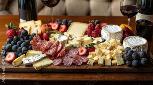 Elegant charcuterie board arrangement dining room food photography cozy ambiance close-up culinary art