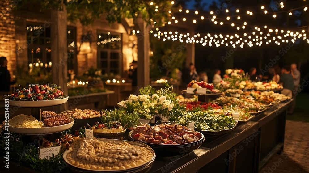 Outdoor buffet table at night with various food and drinks, illuminated by string lights. Outdoor buffet table at night with various food and drinks, illuminated by string lights.