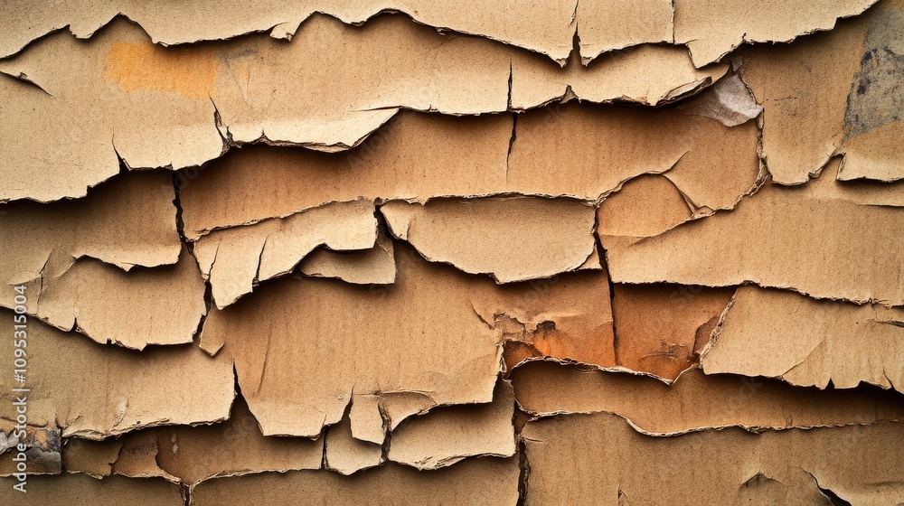 Textured close-up of peeling brown cardboard, showcasing intricate layers of wear and nature's patterns. Textured close-up of peeling brown cardboard, showcasing intricate layers of wear and nature's patterns.