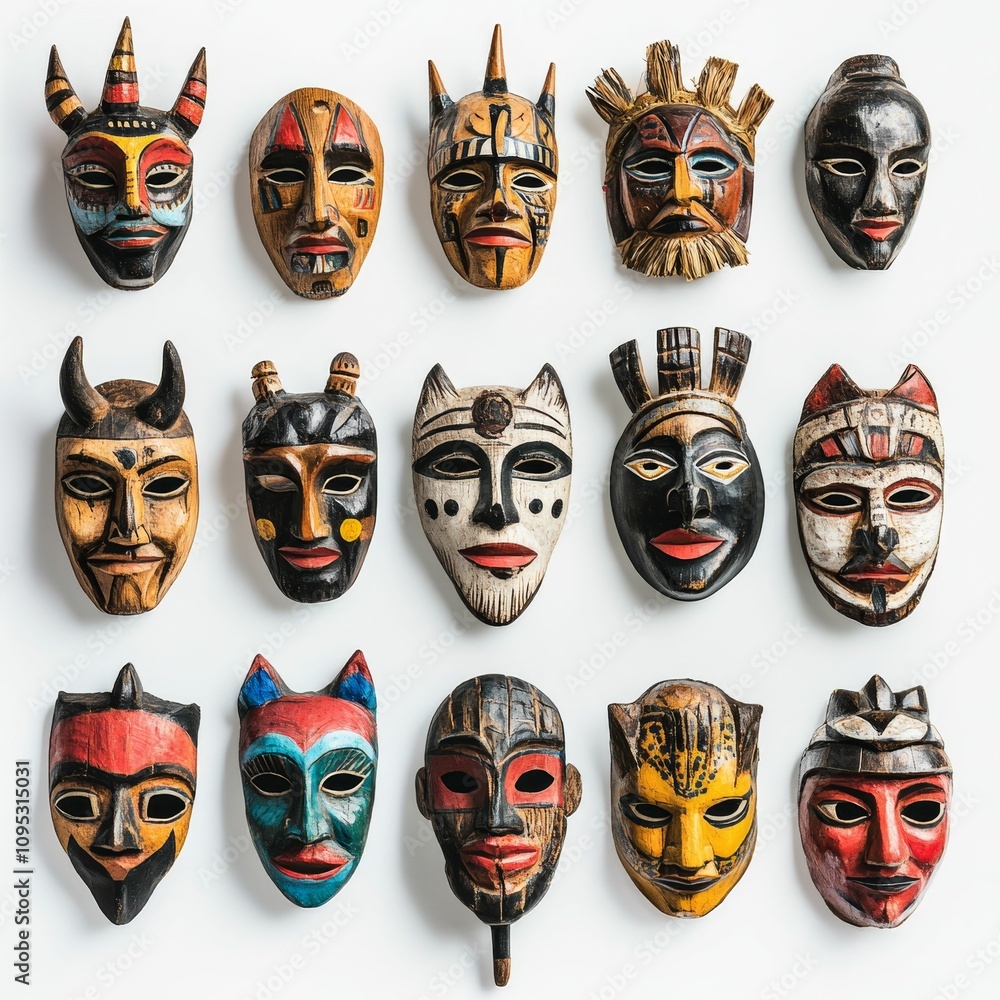 Twelve colorful, handcrafted wooden masks. Twelve colorful, handcrafted wooden masks.