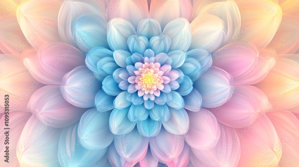 Obraz premium Radiant Circular Floral Bliss - Vibrant abstract flower pattern with delicate pink, blue, and yellow petals in symmetrical formations on a gradient background. High resolution image.