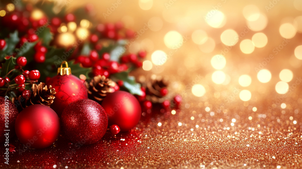 Red Christmas ornaments, pine cones, and holly lie on a sparkling surface. Concept of festive decoration and holiday spirit. For holiday greeting cards Red Christmas ornaments, pine cones, and holly lie on a sparkling surface. Concept of festive decoration and holiday spirit. For holiday greeting cards