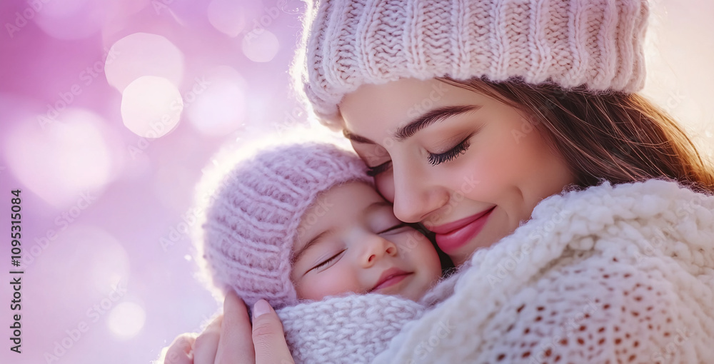 Mother and baby share a warm embrace in winter setting with soft purple background Mother and baby share a warm embrace in winter setting with soft purple background