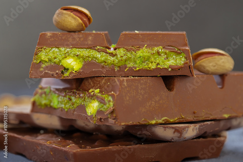 Obraz na płótnie Dubai chocolate, green kataifi and peanut butter. Trendy dessert. w salonie
