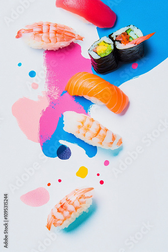 Delicious sushi set served on a minimalistic background, Generative AI