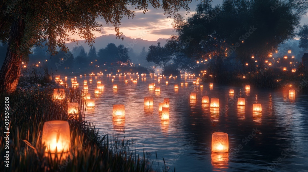 Illuminated River Scene With Floating Lanterns At Dusk Illuminated River Scene With Floating Lanterns At Dusk