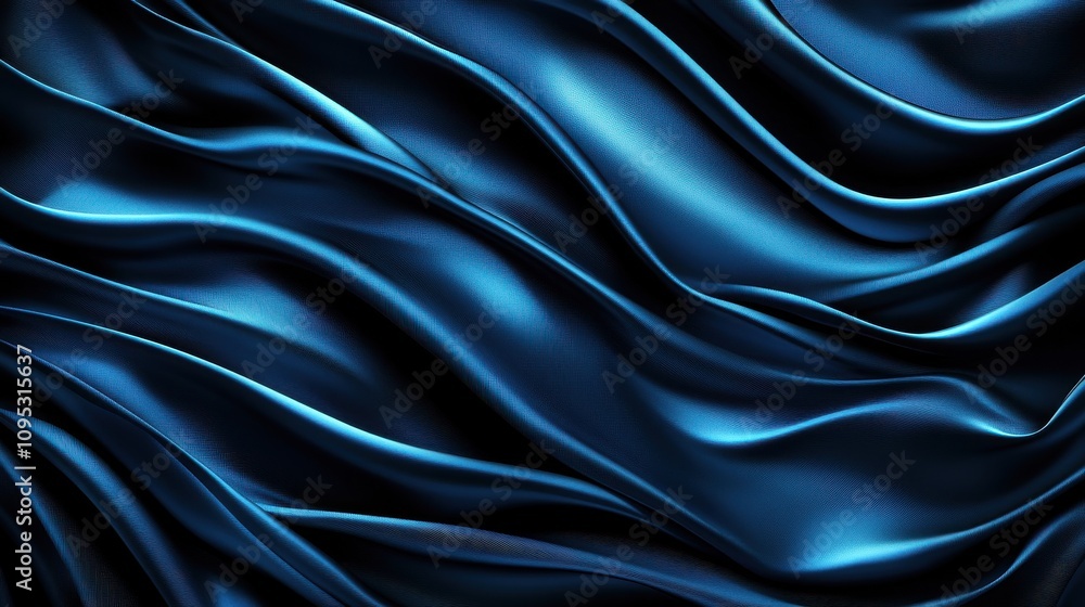 Luxurious deep blue satin fabric draping elegantly, creating fluid waves and soft shadows. Luxurious deep blue satin fabric draping elegantly, creating fluid waves and soft shadows.