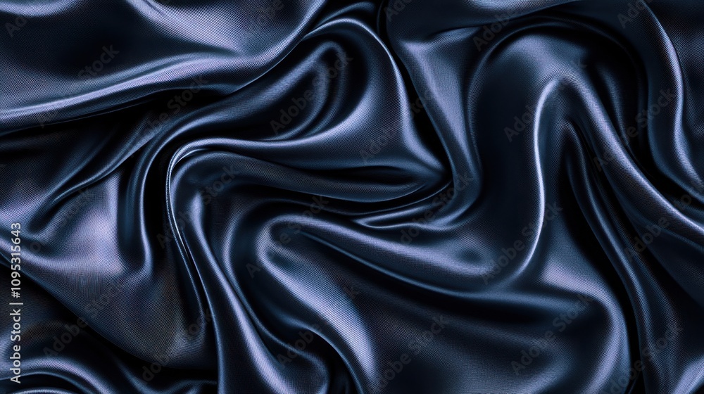 Luxurious dark blue silk fabric draping smoothly with gentle waves and folds, creating an elegant and rich texture. Luxurious dark blue silk fabric draping smoothly with gentle waves and folds, creating an elegant and rich texture.