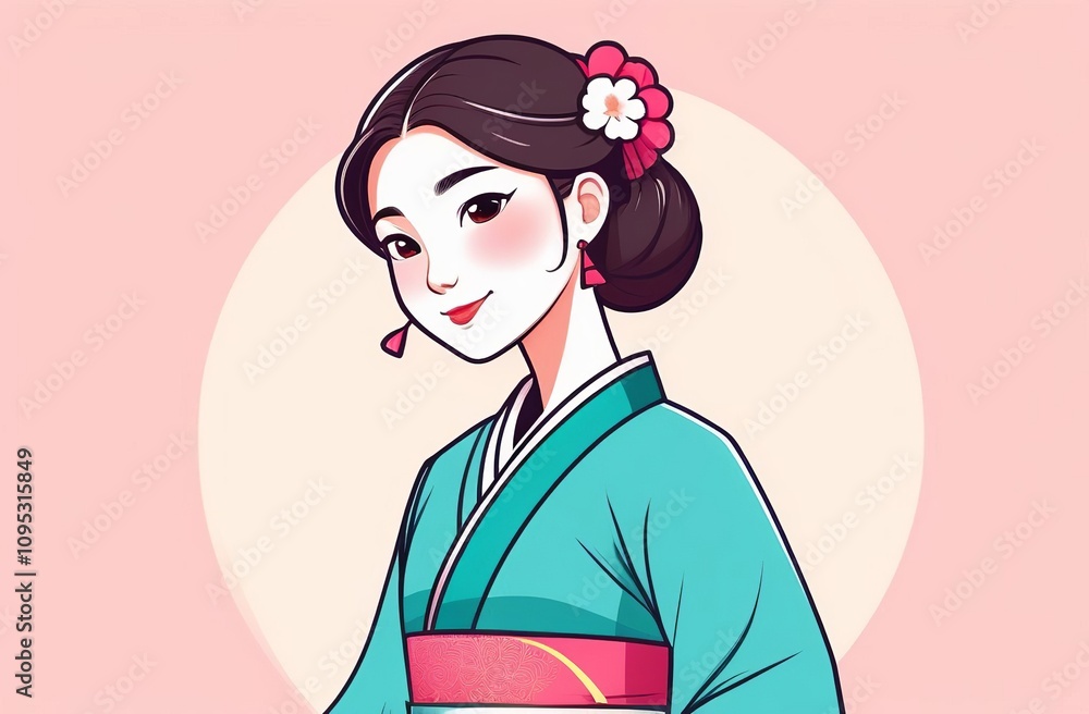 Girl in traditional dress hanbok or kimono. Illustration of Pretty cute lady smiling in national costume, blue attire. Asian oriental culture. Beautiful Woman Girl in traditional dress hanbok or kimono. Illustration of Pretty cute lady smiling in national costume, blue attire. Asian oriental culture. Beautiful Woman