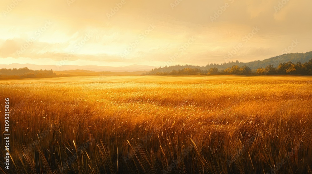 A serene golden landscape at sunset, showcasing vast fields under a warm sky. A serene golden landscape at sunset, showcasing vast fields under a warm sky.