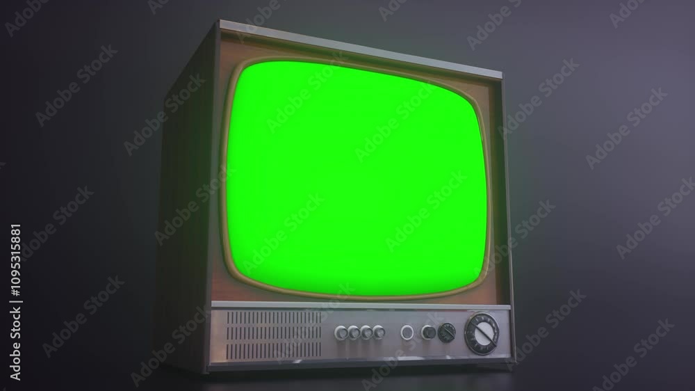 Retro TV Set with Green Screen. Old television with noise and green screen in empty dark studio Retro TV Set with Green Screen. Old television with noise and green screen in empty dark studio