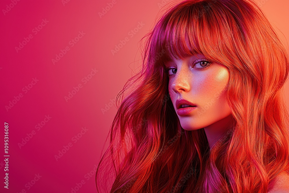 Portrait of a woman with long red hair and bangs, gazing thoughtfully against a vibrant pink background