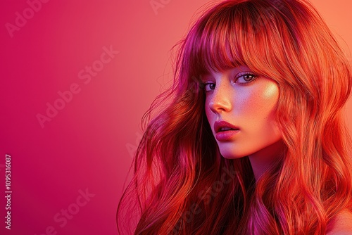 Portrait of a woman with long red hair and bangs, gazing thoughtfully against a vibrant pink background