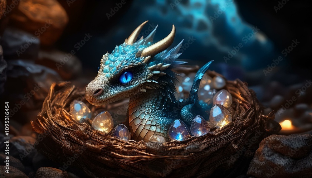 Obraz premium 어두운 동굴 안, 보석이 가득한 둥지 위에 앉아있는 드래곤 