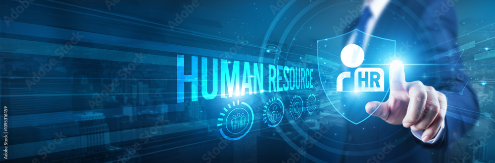 Businessman hand touches a shield, human resource (HR). Concept represents safeguarding employee welfare, workplace safety regulations, talent retention, organizational development, and labor laws. Businessman hand touches a shield, human resource (HR). Concept represents safeguarding employee welfare, workplace safety regulations, talent retention, organizational development, and labor laws.