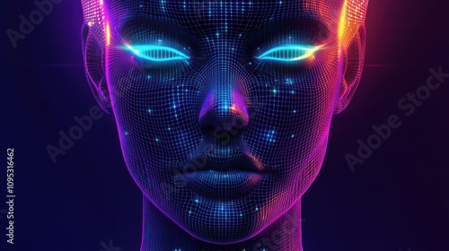 Futuristic digital human face in vibrant neon colors representing AI concepts and technology.